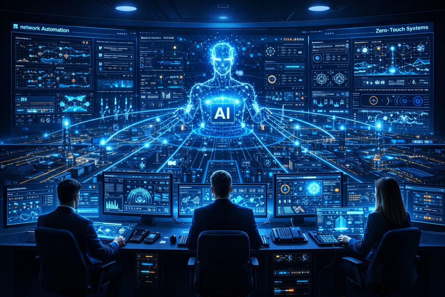 Zero-touch telecom network automation, AI controlling complex network systems, real-time optimization, futuristic operations center