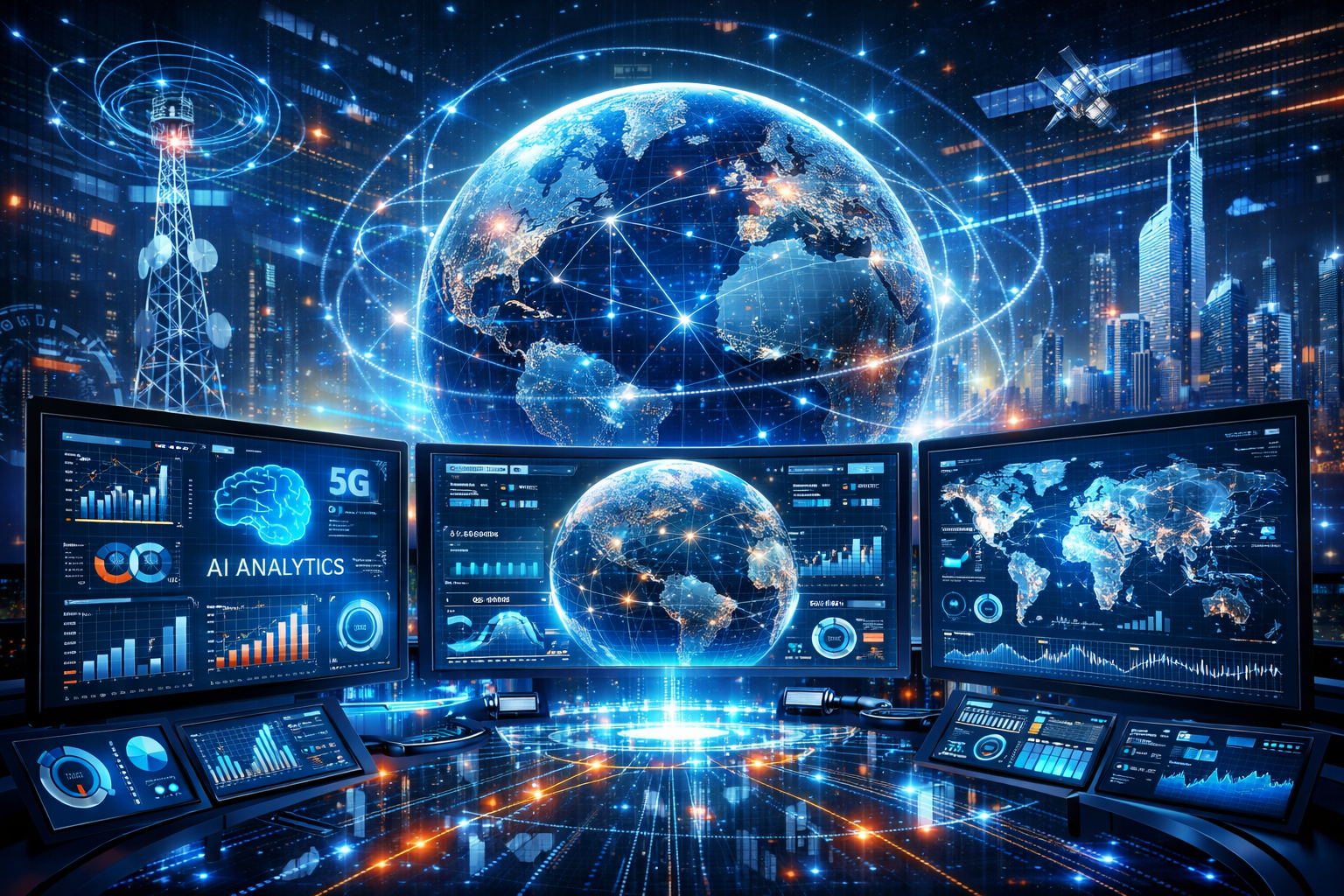 Telecom data analytics and AI intelligence, real-time network insights, big data visualization, futuristic dashboards and global connectivity