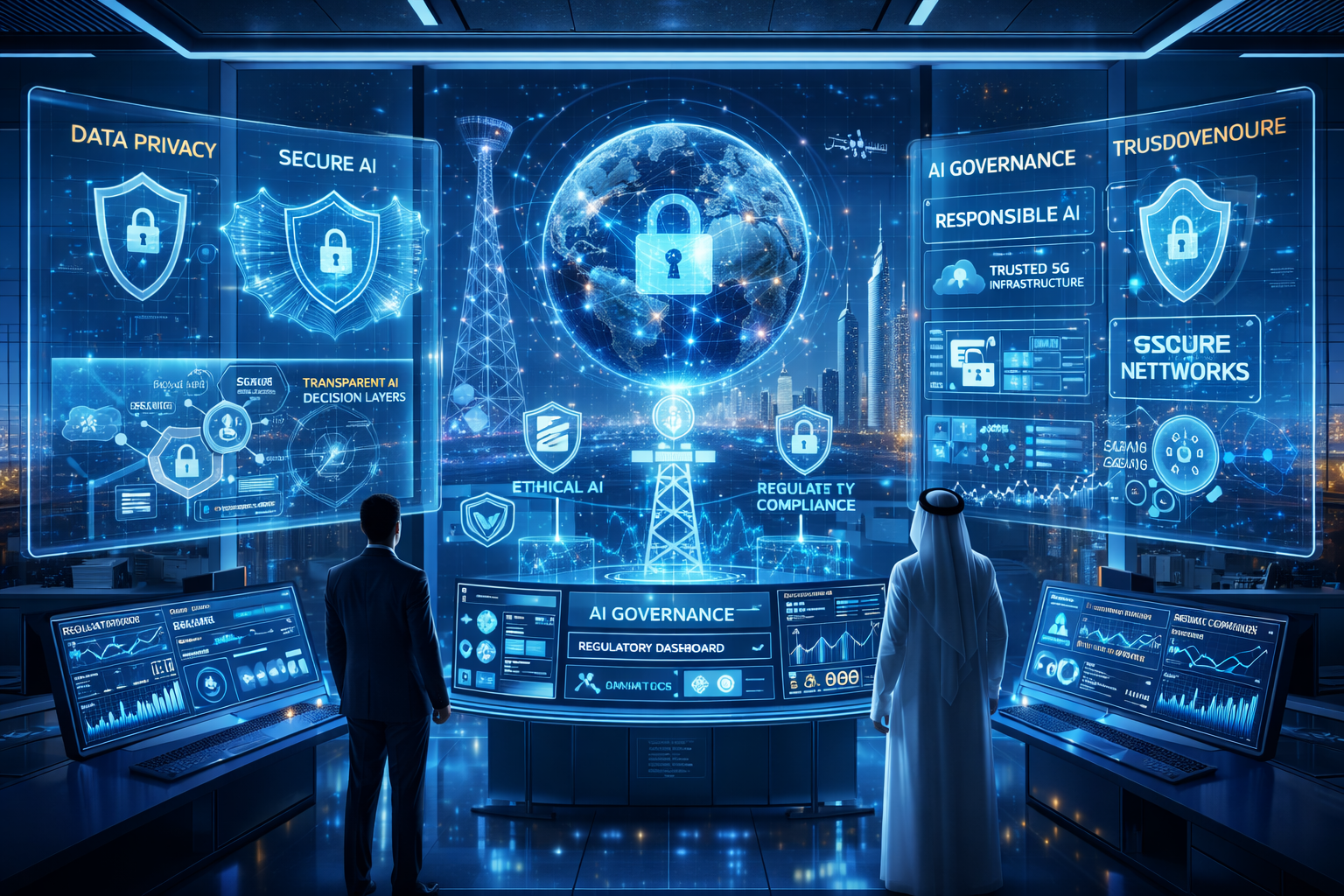 Futuristic telecom governance and security environment showing responsible AI in action, transparent AI decision layers, secure data flows, privacy shields, ethical AI symbols, regulatory dashboards, trusted 5G infrastructure, modern corporate design, Middle East enterprise setting, high realism, clean futuristic lighting